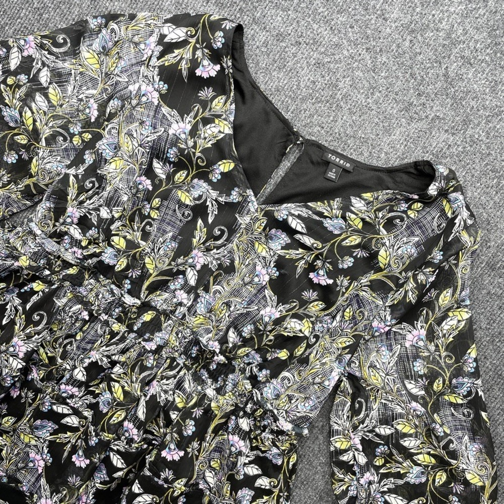 Torrid Mini Dress Black Floral Chiffon Metallic Long Sleeve Size 0 Boho Y2K